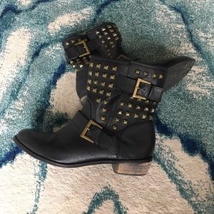 Black faux leather studded combat boots